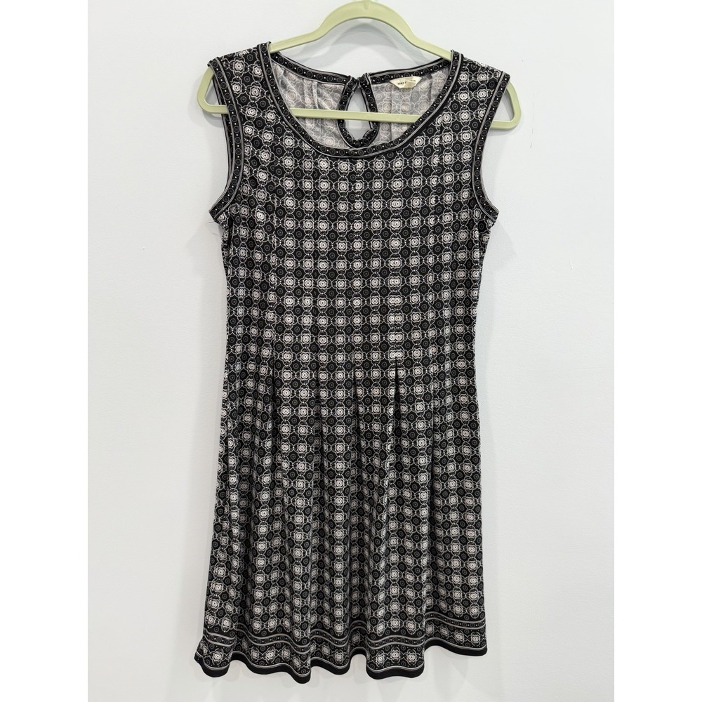 Max Studio Dress M Black White Print Sleeveless Fit Flare Stretch Knit Mod Style - Picture 4 of 9